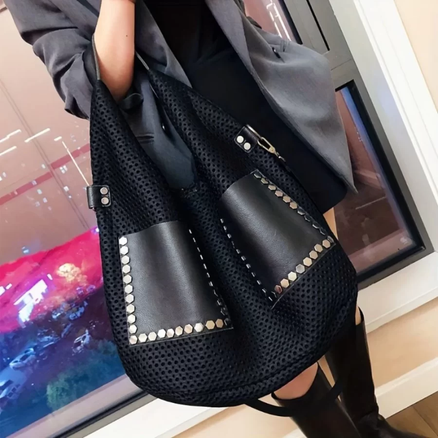 Retro mesh handbag, large capacity shoulder bag, punk style rivet stray bag, large women's bag_1