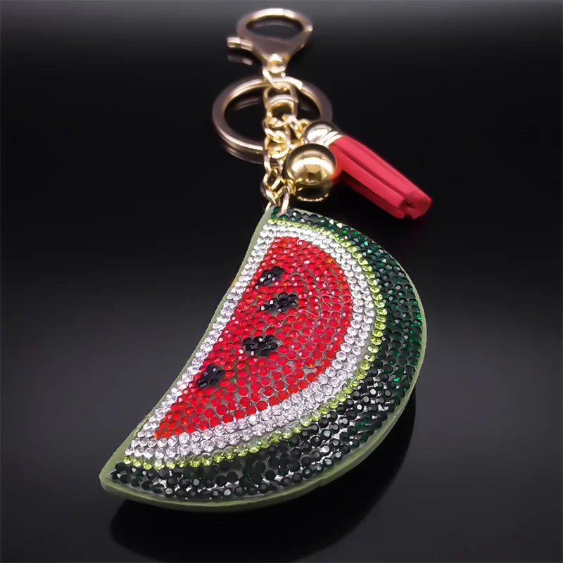 Kawaii Watermelon Full Crystal Key Chain Women Men Alloy Leather Gold Color Fruit Keyring Bag Car Accessories Jewelry K5100S05_2