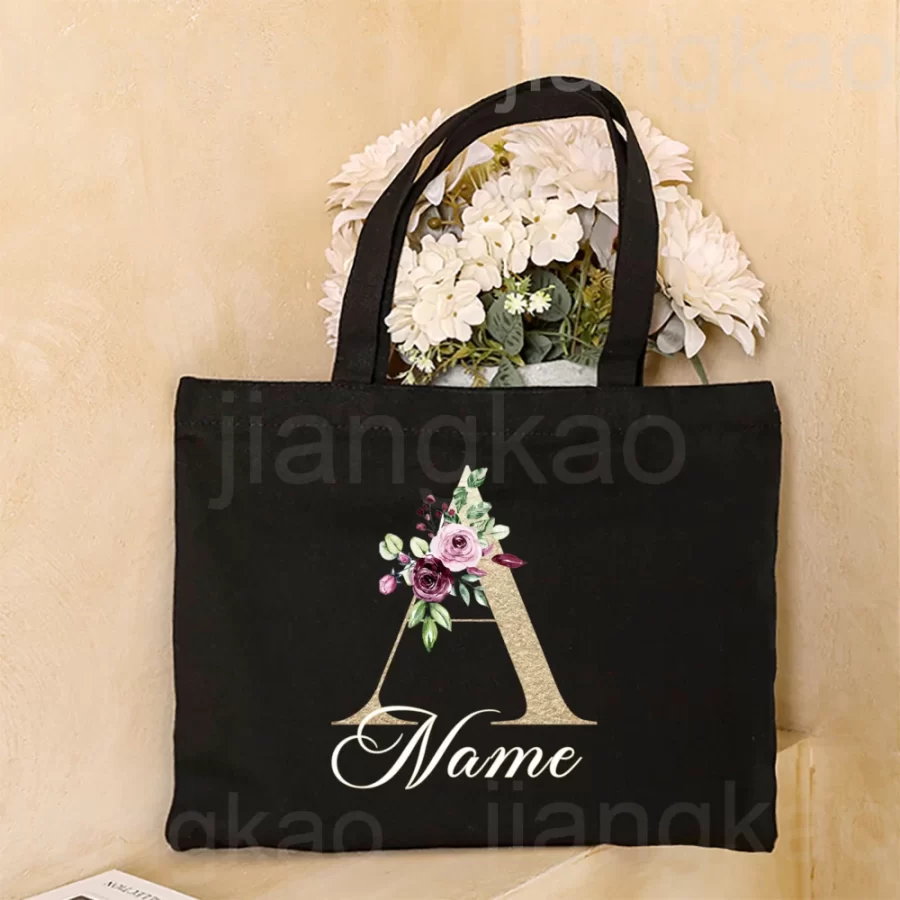 Personalized Initial with Name Tote Bag Women Canvas Shoulder Bags Monogram Shopping Bag Handbags Birthday Wedding Gifts for Her_6