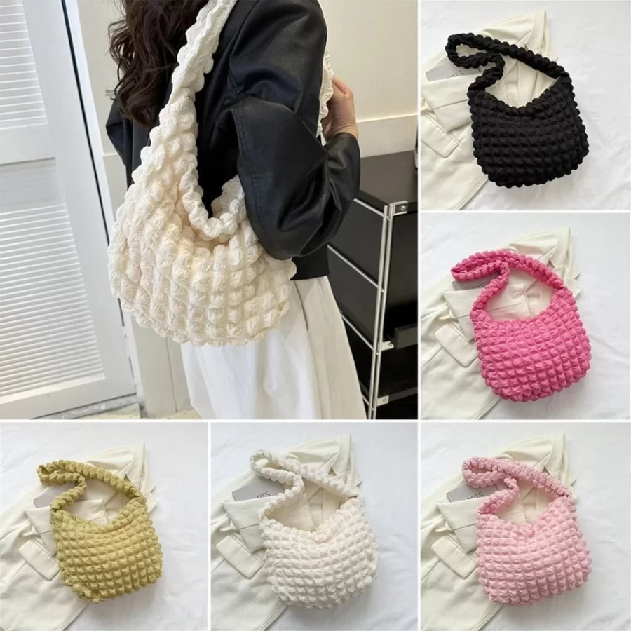 Women Plaid Quilted Large Capacity Tote Bag Crossbody Bag Solid Color Shoulder Bag Cute Pleated Bubbles Embroidered Satchel Bags_3