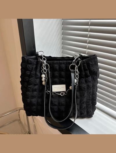 Large Capacity Ladies Tote Bag Fashion Plaid Women's Beaded Chain Shoulder Bags Soft Fabric Commuter Female Handbags Purse