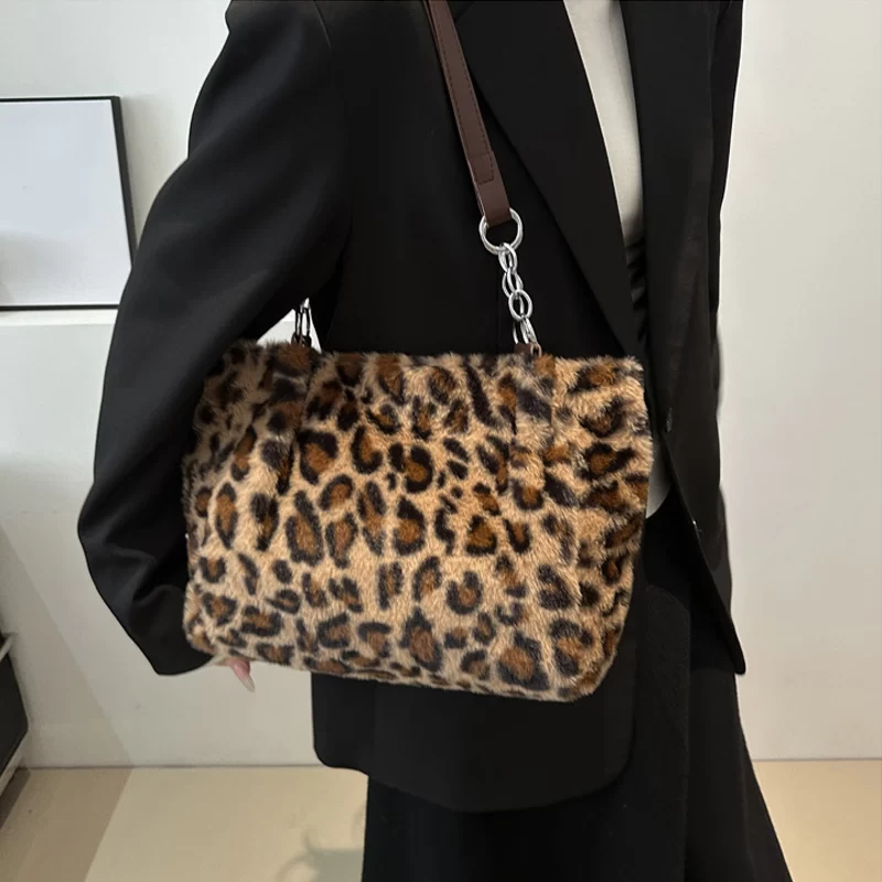 National Style Simple Women Leopard Tote Bag Lady Luxury Fluffy Shoulder Bag Chain Large Capacity Commuter Handle Bag_2