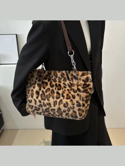 National Style Simple Women Leopard Tote Bag Lady Luxury Fluffy Shoulder Bag Chain Large Capacity Commuter Handle Bag