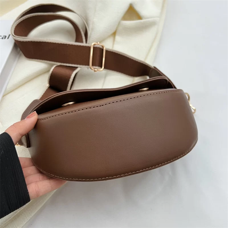 Women Vintage Solid Color Flap Small Saddle Shoulder Underarm Bag Fashion PU Leather Wide Strap Crossbody Bag_5