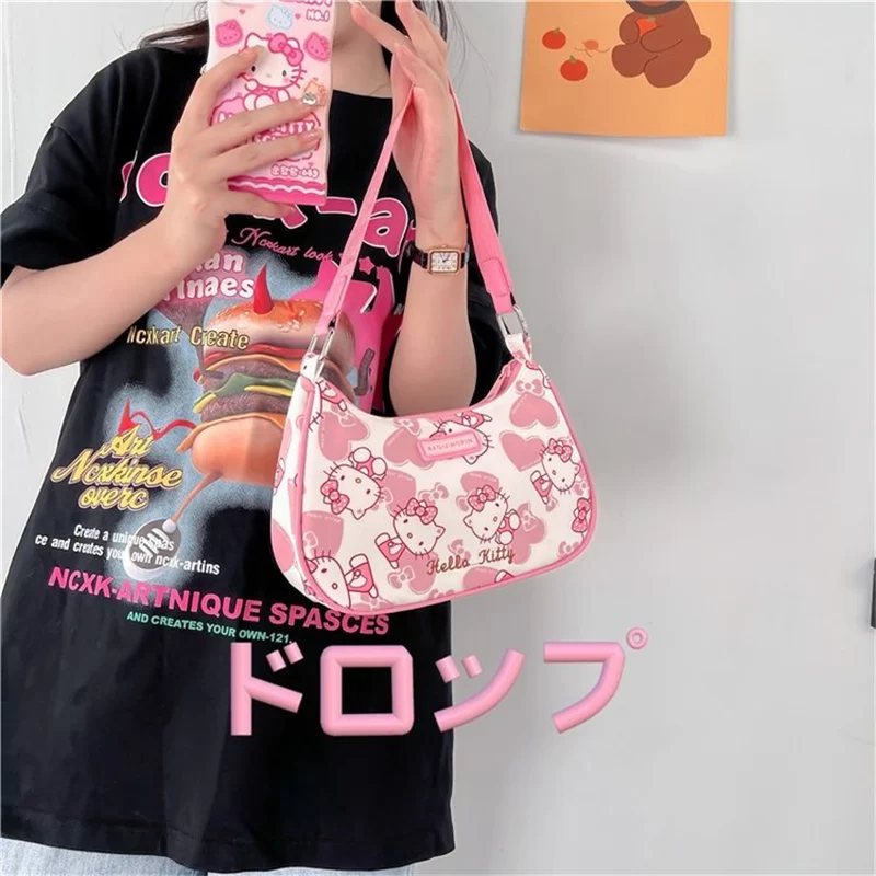 Kawaii Hello Kitty Kuromi My Melody Underarm Shoulder Bags Y2K Fashion Sanrio Cute Cartoon Messenger Tote Handbags Women Girls_2