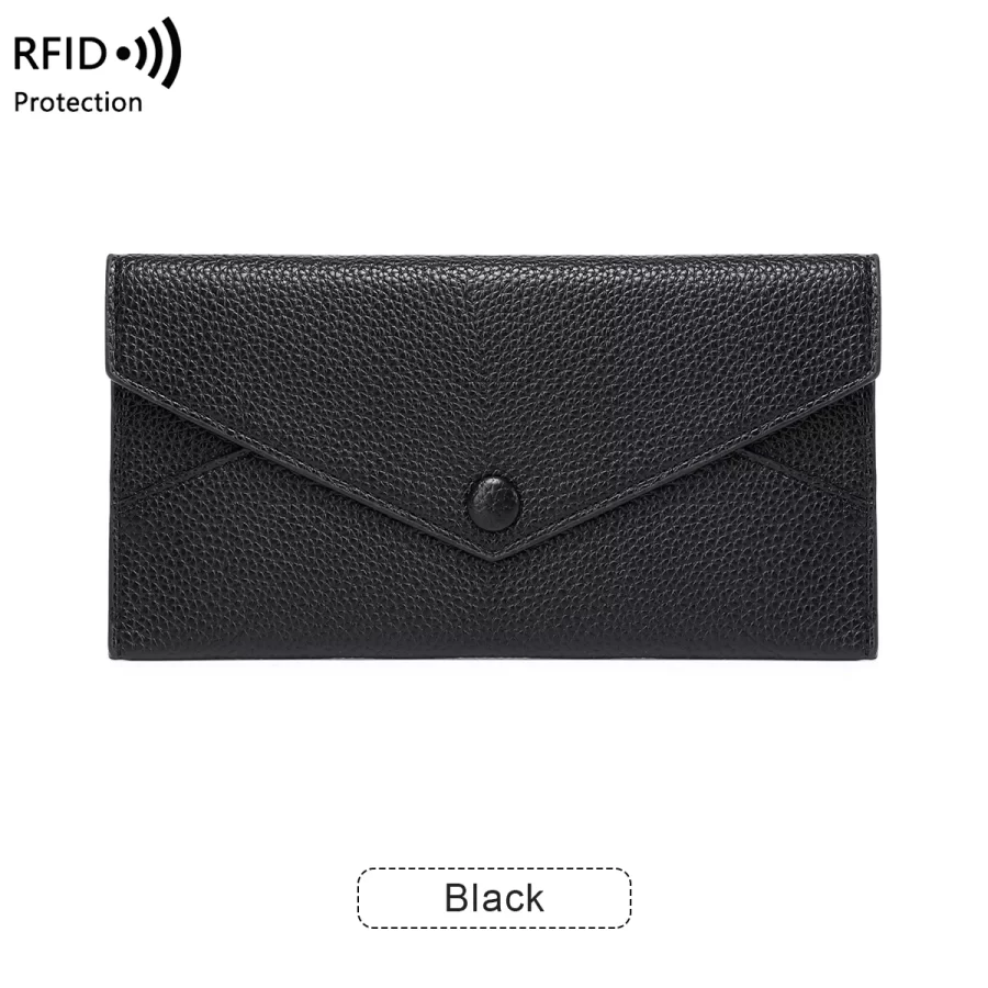 RFID Anti-Theft Purse for Women, Lychee Print, Soft Leather, Envelope Long Wallet, Ultra-thin, Portable, Simple Hand Bag_8