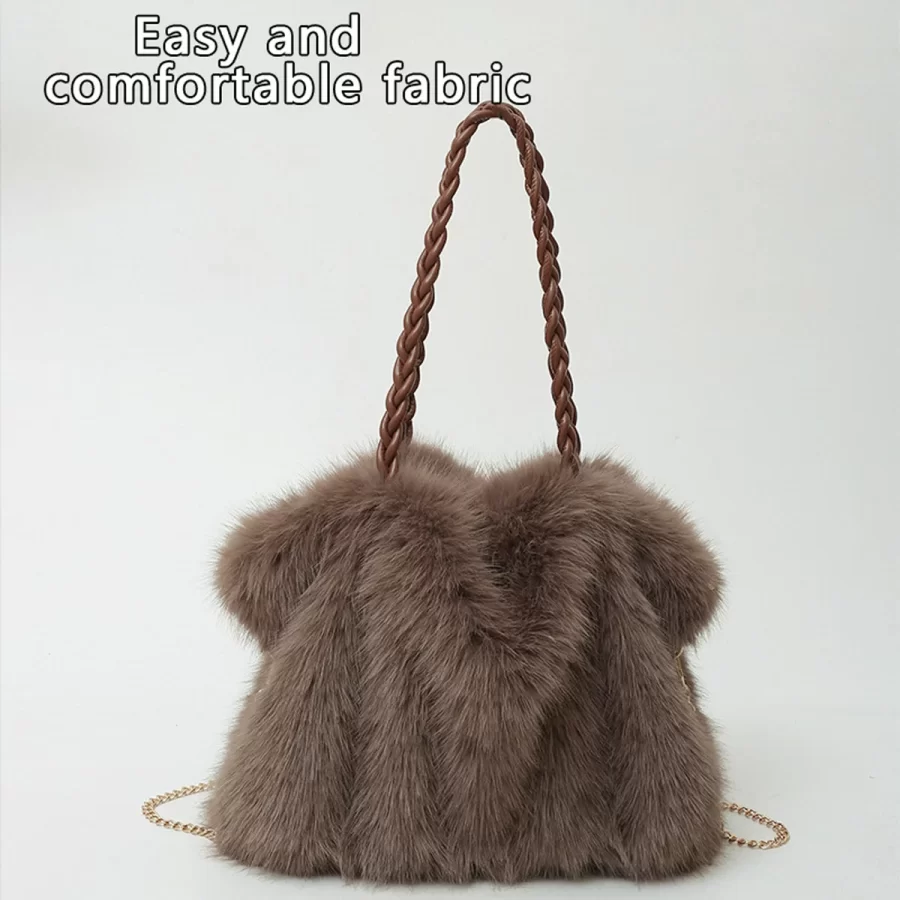 Women's Fashionable Plush Large Capacity Tote Bag High-end Pleated Fox Fur Shoulder Crossbody Bag Commuter Bag with Metal Chain_5