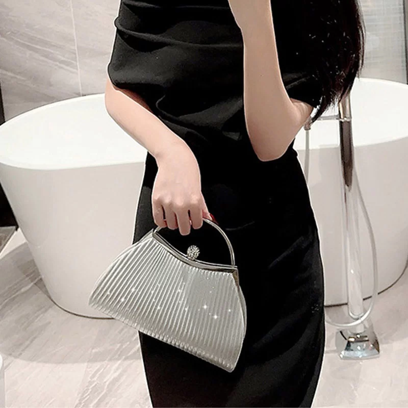 Pleated Evening Handbag Women Top Handle Glitter Day Clutch Ladies Wedding Dinner Dressed Clip Bag Diamond Party Purse Gold_6