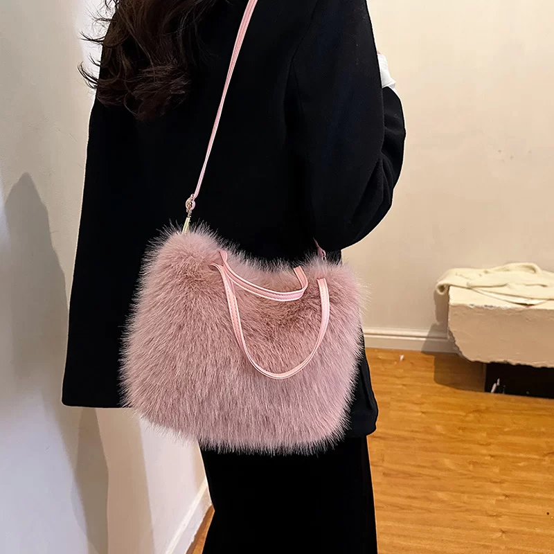 Faux Fur Tote Bag Women's Bucket Plush Luxury Design Ladies Handbags Soft Winter Crossbody Shoulder Bags Bolsa Feminina_3