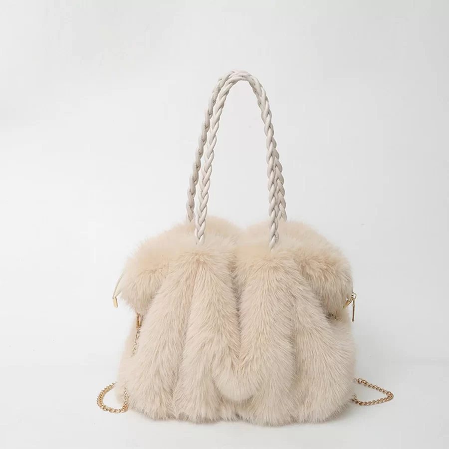 Women's Fashionable Plush Large Capacity Tote Bag High-end Pleated Fox Fur Shoulder Crossbody Bag Commuter Bag with Metal Chain_8