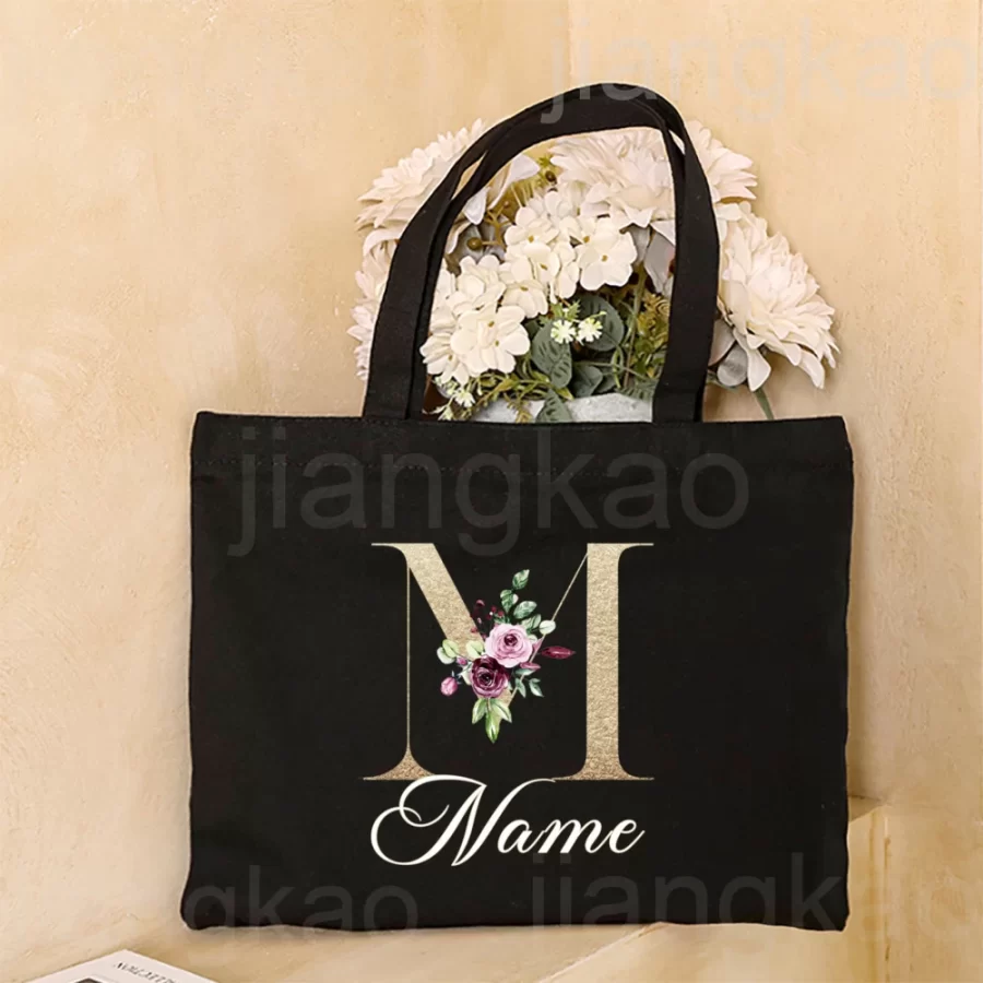 Personalized Initial with Name Tote Bag Women Canvas Shoulder Bags Monogram Shopping Bag Handbags Birthday Wedding Gifts for Her_18