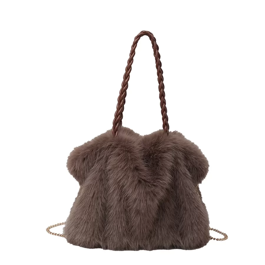 Women's Fashionable Plush Large Capacity Tote Bag High-end Pleated Fox Fur Shoulder Crossbody Bag Commuter Bag with Metal Chain_9