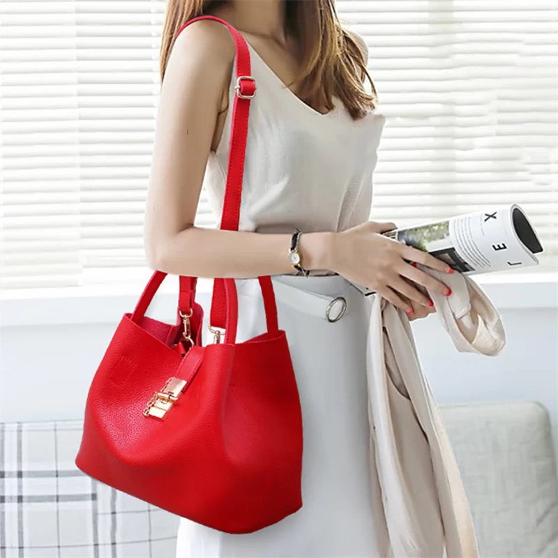 Woman Shoulder Bag Large Capacity Handbag Women Crossbody Bag Lychee Pattern PU Portable Bucket Bag Ladies Messenger Bags_5