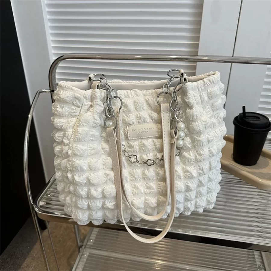 Large Capacity Ladies Tote Bag Fashion Plaid Women's Beaded Chain Shoulder Bags Soft Fabric Commuter Female Handbags Purse_1