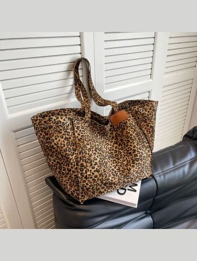 Oversized Leopard Prints Shoulder Bags for Women Deformable Canvas Large Capacity Shopping Totes 2024 Winter New Luxury Handbags