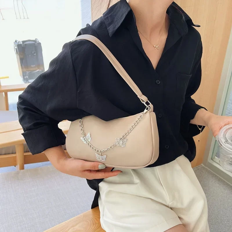 Fashion Butterfly Chain Shoulder Underarm Bags Casual Ladies Pure Color Small Purses Handbags Elegant PU Leather Bag for Women_6