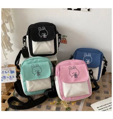 Women's Canvas Crossbody Bags Small Cartoon Rabbit Printed Messenger Bag Fashion Casual Handbag for Girl Students Zipper Purse