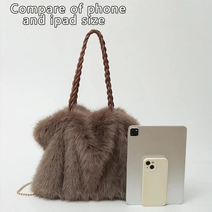 Women's Fashionable Plush Large Capacity Tote Bag High-end Pleated Fox Fur Shoulder Crossbody Bag Commuter Bag with Metal Chain_3