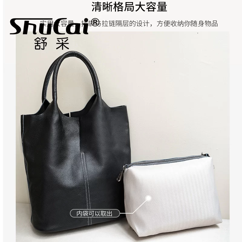 Genuine Leather Commuter Tote Bag Simple Ladies Soft Cowhide Tote Shoulder Handbag Large Capacity Women Bucket Bag 2025 New_4